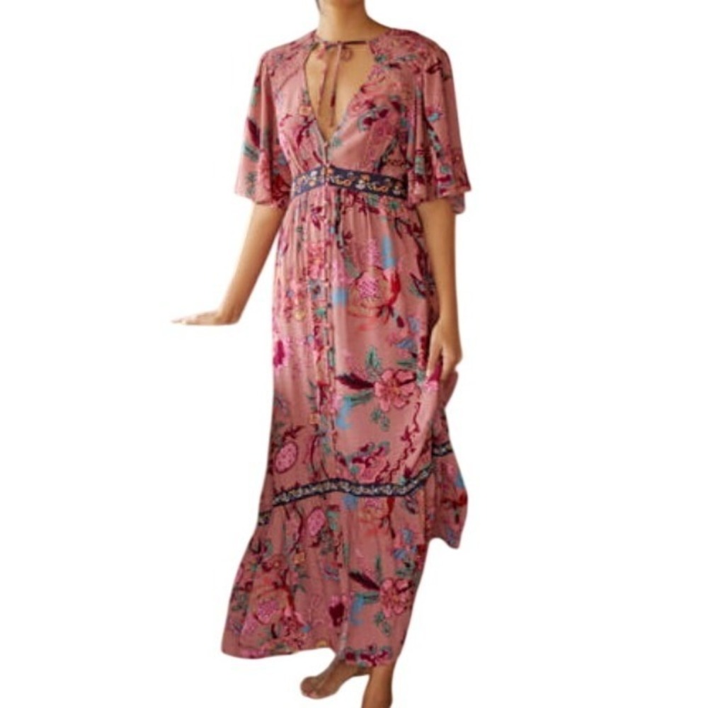Anthropologie Floral Embroidered Pink Maxi Dress Large Boho Western Romantic Fem - Picture 4 of 8